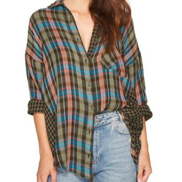 Free People One of the Guys Plaid Button Down, Green Combo, size M - Picture 1 of 9